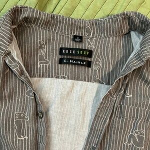 Mushroom button down by artist E. Haidle for Rock Soup